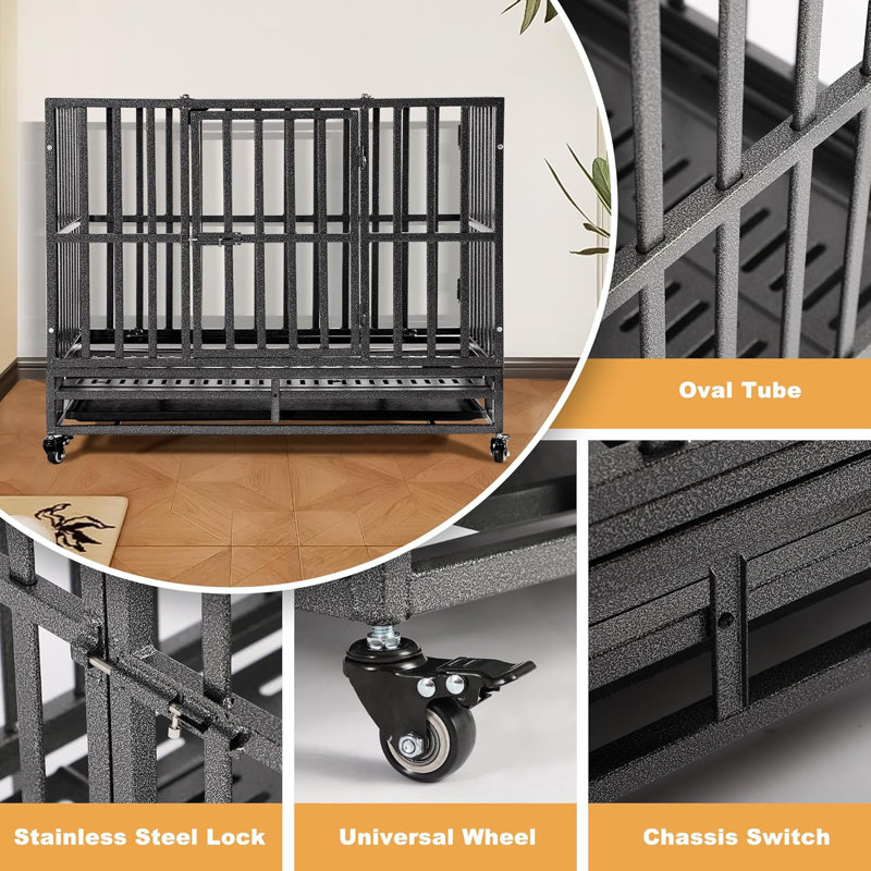 Image showcasing Latitude Run® 38 inch Large Heavy Duty Dog Crate with Lockable Wheels ...